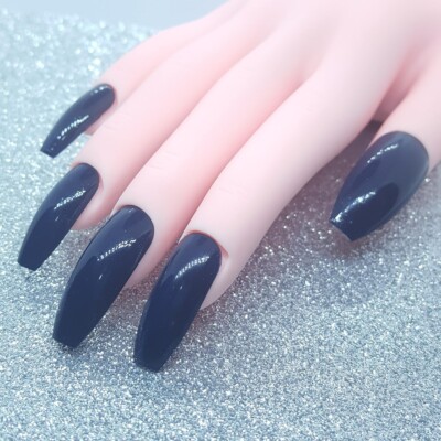 Navy Blue Solid Long Coffin Nail Set Press On Nails Handmade Hard Gel