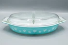 Pyrex Snow Flake Blue Turquoise 1.5 Qt, Divided Casserole Dish w/ Lid Vintage