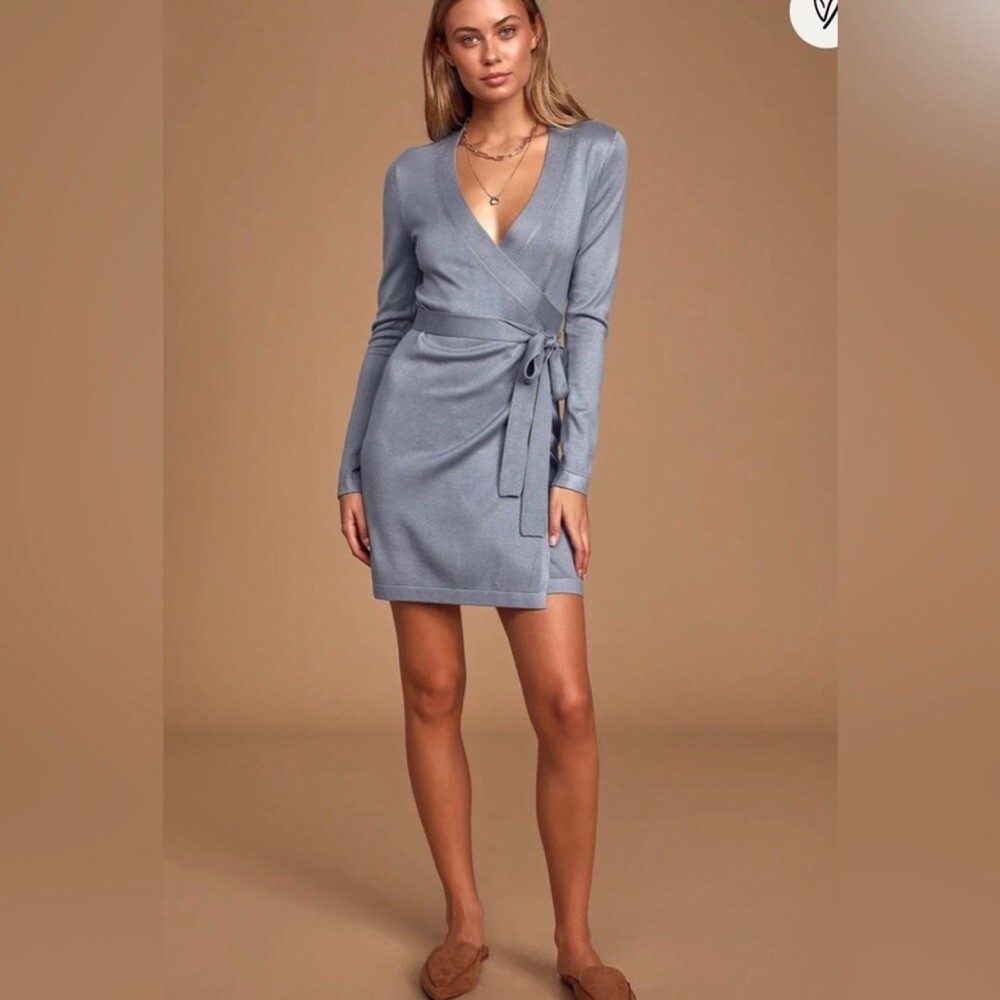 Lulus Literary Lover Slate Blue Wrap Sweater Dress Mini Tight Knit Rayon: Large | eBay Lulus Literary Lover Slate Blue Wrap Sweater Dress Mini Tight Knit Rayon: Large | eBay