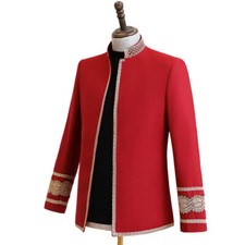 Men Fit Open Front Red Suit Blazer Stand Collar Tuxedo Jacket Slim Prom Coat Top