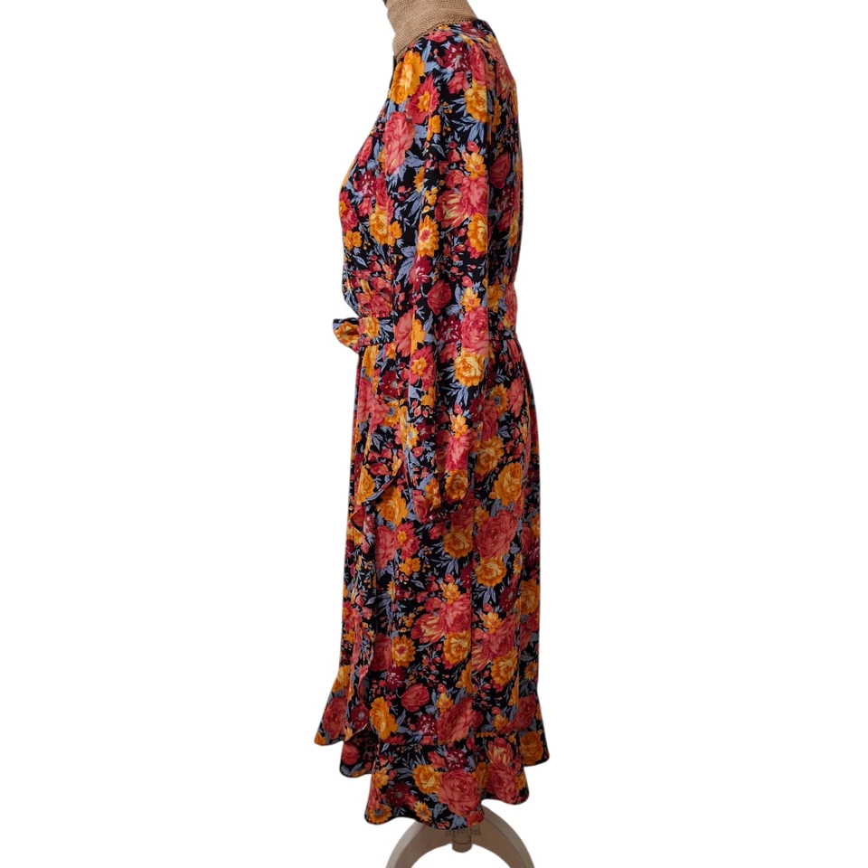 Vestido LC Lauren Conrad Azul Marino Naranja Floral Globo Manga Cinturón M Foto 4 de 4