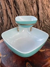 RARE Vintage PYREX Chip N Dip Turquoise Square Bowl Set #410 #25 & Metal Bracket