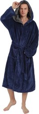 Mens Large Hooded Bathrobe w Chest Button Full length Soft Fleece BLUE XL size