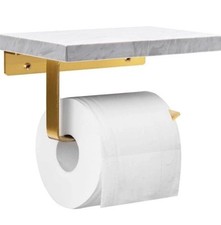 Marble Wall Mount Toilet Paper Roll Holder Shelf Gold Accents 7" x 4" x 3"