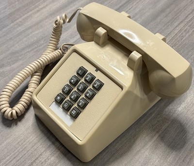 Vtg 80s Cortelco Corded Push Button Cream Tan Retro Phone MCM Table Decor