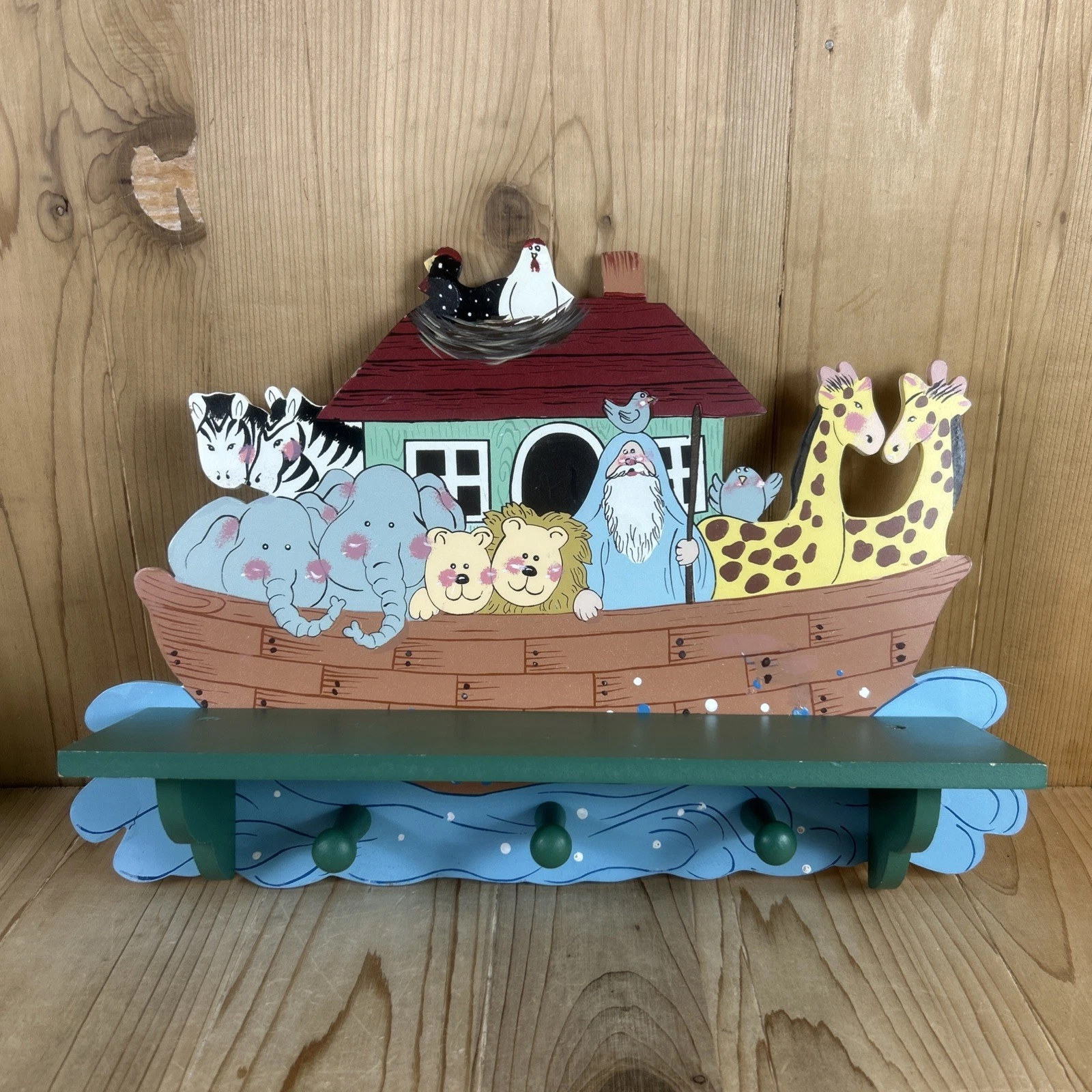 Ken Yield Noahs Ark Wall Shelf 3 Peg Hooks Wood 11x16.5 Inch Kids Room Decor