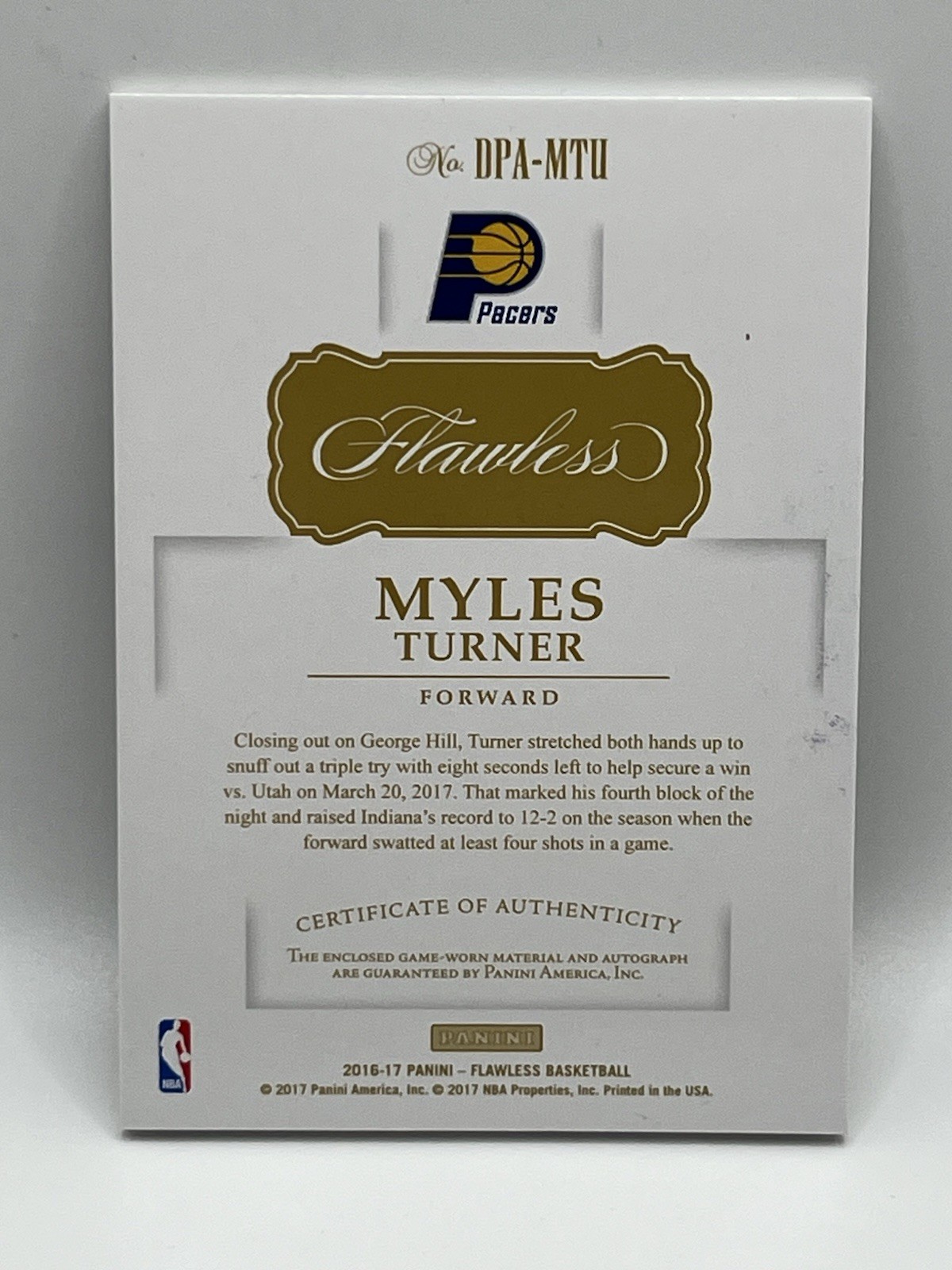 2016 Panini Flawless Dual Patch Auto Gold Myles Turner #9/10 Indiana Pacers view 2