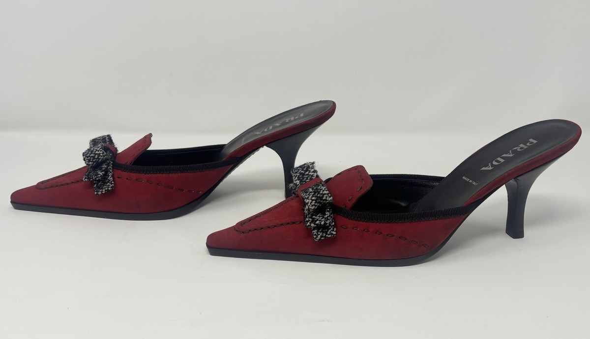 Prada Red Suede Mule Heels Size 37 Pointed Toe Kitten Heel Slides