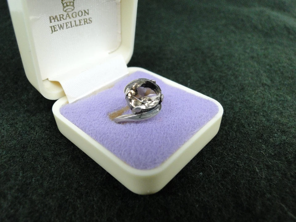 Anillo de cuarzo ahumado de plata 925 vintage sello Edimburgo Escocia fecha 1980 Foto 2 de 4