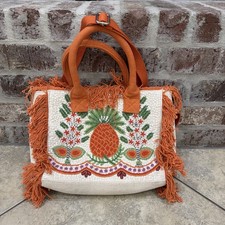 Beaded Sequin Fringe Tote Bag Floral Colorful Cream/Orange Strap