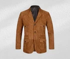 Mens Genuine Suede Real Leather Tan Blazer Button Coat Jacket Soft Stylish