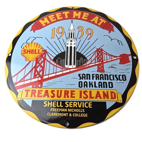 Vintage Shell Gasoline Sign - Treasure Island Gas Pump Station Ad Porcelain Sign