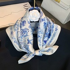 100 Silk Small Scarf Women Neckerchief Bandana White Blue Flowers Birds 53 53cm
