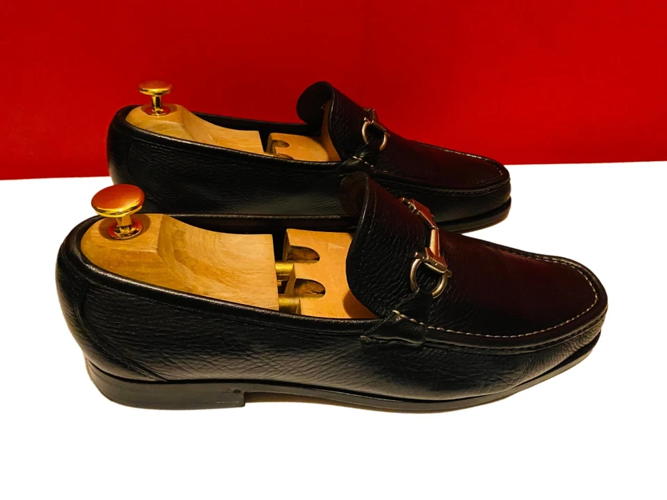 $859.00 !!FERRAGAMO LUXURY MEN BLK PEBBLED LEATHER SILVER BIT LOAFERS SHOES 9 EE - Image 4 of 4