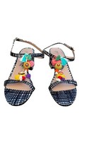Betsey Johnson Dynah black white block heels colorful tassels, shells. 8