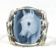 Horse Black Agate Cameo Ring Sterling Silver Custom Jewelry