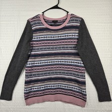 Talbots Fair Isle Nordic Lambswool Gray  Pink Pullover Sweater Size M Petite
