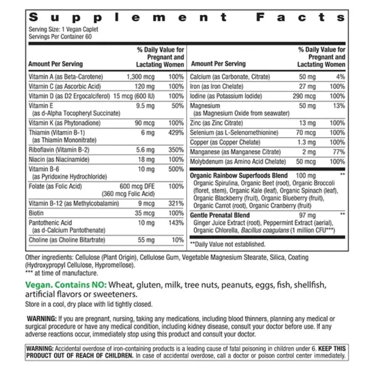 Multivitamínico diário pré-natal Rainbow Light de alta potência (60 comprimidos veganos) - Imagem 3 de 4