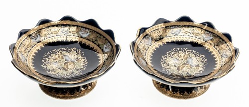 Pair of M-Z Hi-Luxe Czech Republic Kobalt 6in Footed Bowls Floral Gold Gilt Used - Picture 12 of 18