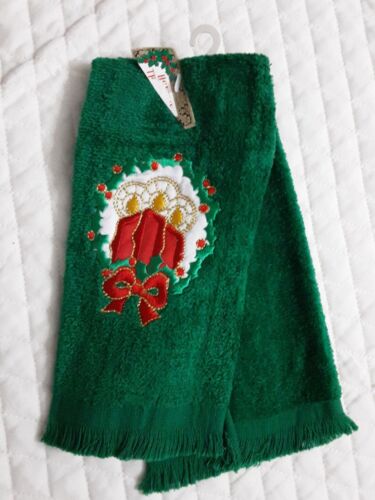 Vintage Embroidered Green Hand Towel Christmas Candles Bow 100% Cotton  - Picture 1 of 5