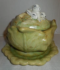 Cabbage Serving Bowl Covered Lid Underplate Ceramic 3 Bunnies Handmade 1974