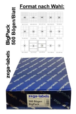 Etiketten selbstklebend auf DIN A4 Bögen - 500 Blatt BigPack - für Laser/inkjet