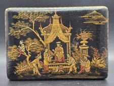 Antique 19th C. Chinese Lacquered Jewelry Box with Relief  & Hand-Painted Scenes