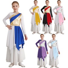 Girls Worship Costume Liturgical Praise Dance Dress Color Block Church Gown