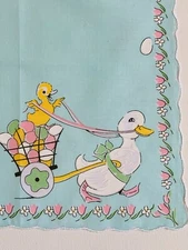 Adorable Spring Duckling Egg Cart Green Handkerchief - Hankie LuRay
