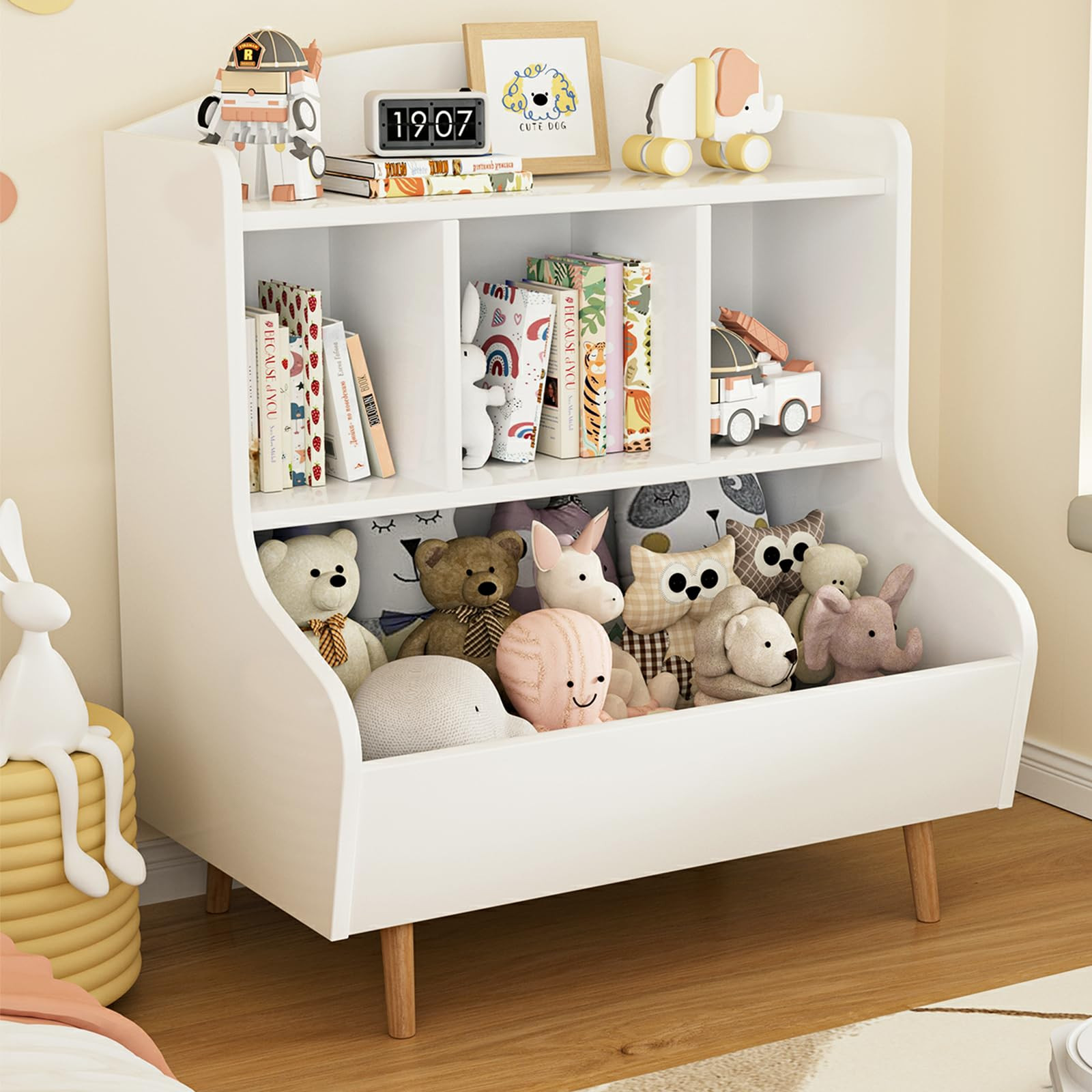 Marcytop 3-Tier Large Kids Toy Storage Organizer and Bookshelf with 4 Bins White