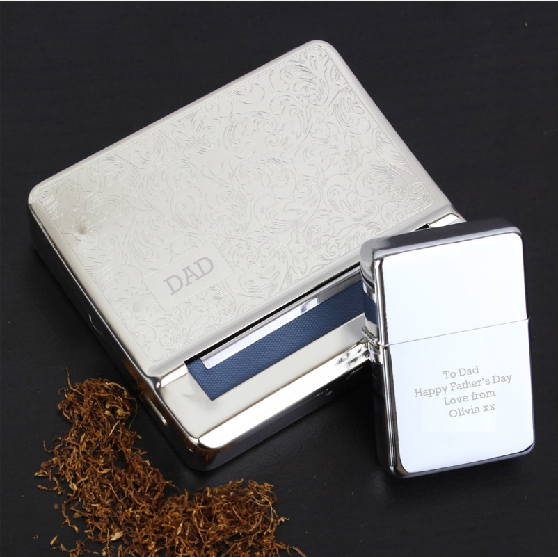 Personalised Tobacco Rolling Tin and Silver Lighter Set - Father's Day, Birthday