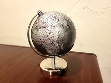 Silver Chrome Desktop World Globe - 7" Tall