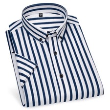 Mens Dress Shirts Short Sleeves Formal No Iron Striped Elastic Casual Shirt Tops