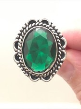 Women Size 8 German Silver Fashion Ring Artisan Green Emerald Gemstone