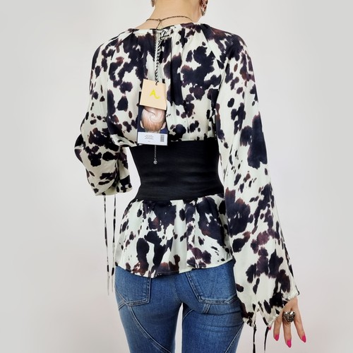 ALEXA CHUNG COW HIDE PRINT BROWN BLACK IVORY SATIN RELAXED BLOUSE TOP UK 10 £185 - Picture 9 of 13