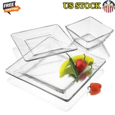 12 Piece Clear Glass Dinnerware Set Dishwasher Safe Stackable Plates Bowls New