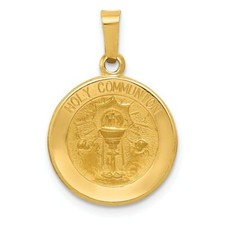 14K YELLOW GOLD POLISHED  SATIN HOLY COMMUNION MEDAL CHARM PENDANT 0.8 INCH