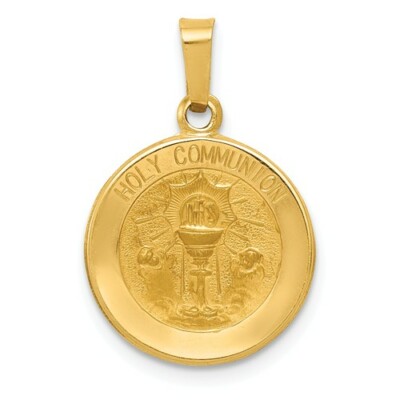 14K GELBGOLD POLIERT & SATINIERT HEILIGE KOMMUNION MEDAILLE CHARM ANHÄNGER 0,8 ZOLL