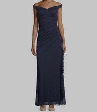  279 Betsy  Adam Women Navy Ruffled Off-The-Shoulder Gown Size 14