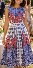 Talbots Blue White Floral Fit & Flare Dress Scoop Neck Sleeveless With Sash Belt