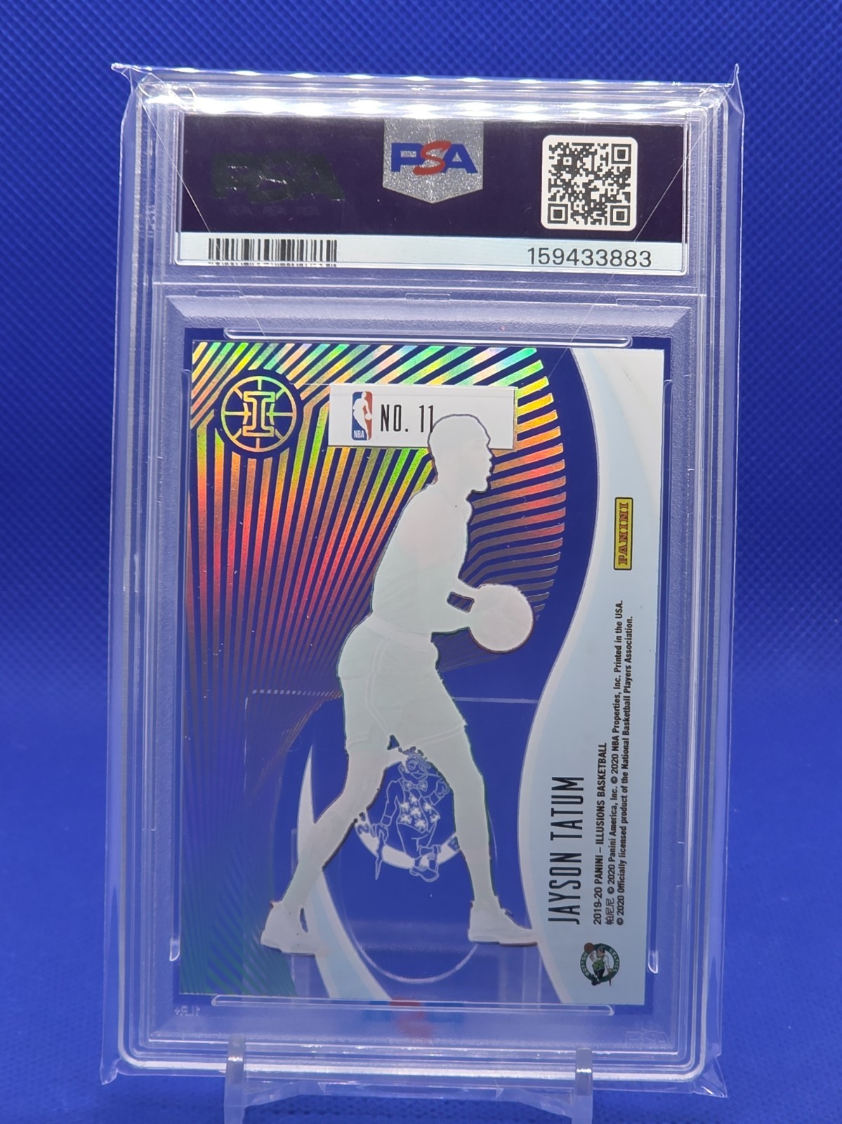 Jayson Tatum 2019 Panini Illusions Astounding- Sapphire #11 PSA 8 NM-MT view 2