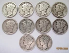 1930 to 1939 Silver Mercury Dimes 10 Different Circulated Dimes