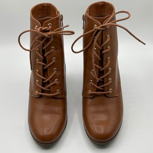 XAPPEAL Karen Lace Up Ankle Boots Block Heel Brown Faux Leather Womens Size 8.5M - Picture 2 of 9