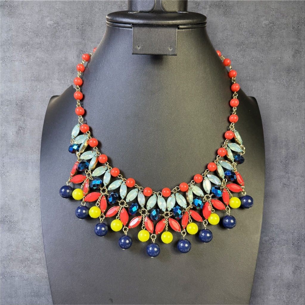 317. Multicolor Beaded Rhinestone Statement Neckl… - image 1