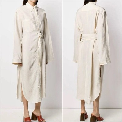 NWT Nanushka Large Off-White Beige Crinkled Long Sleeve Belted Midi Shirt Dress
