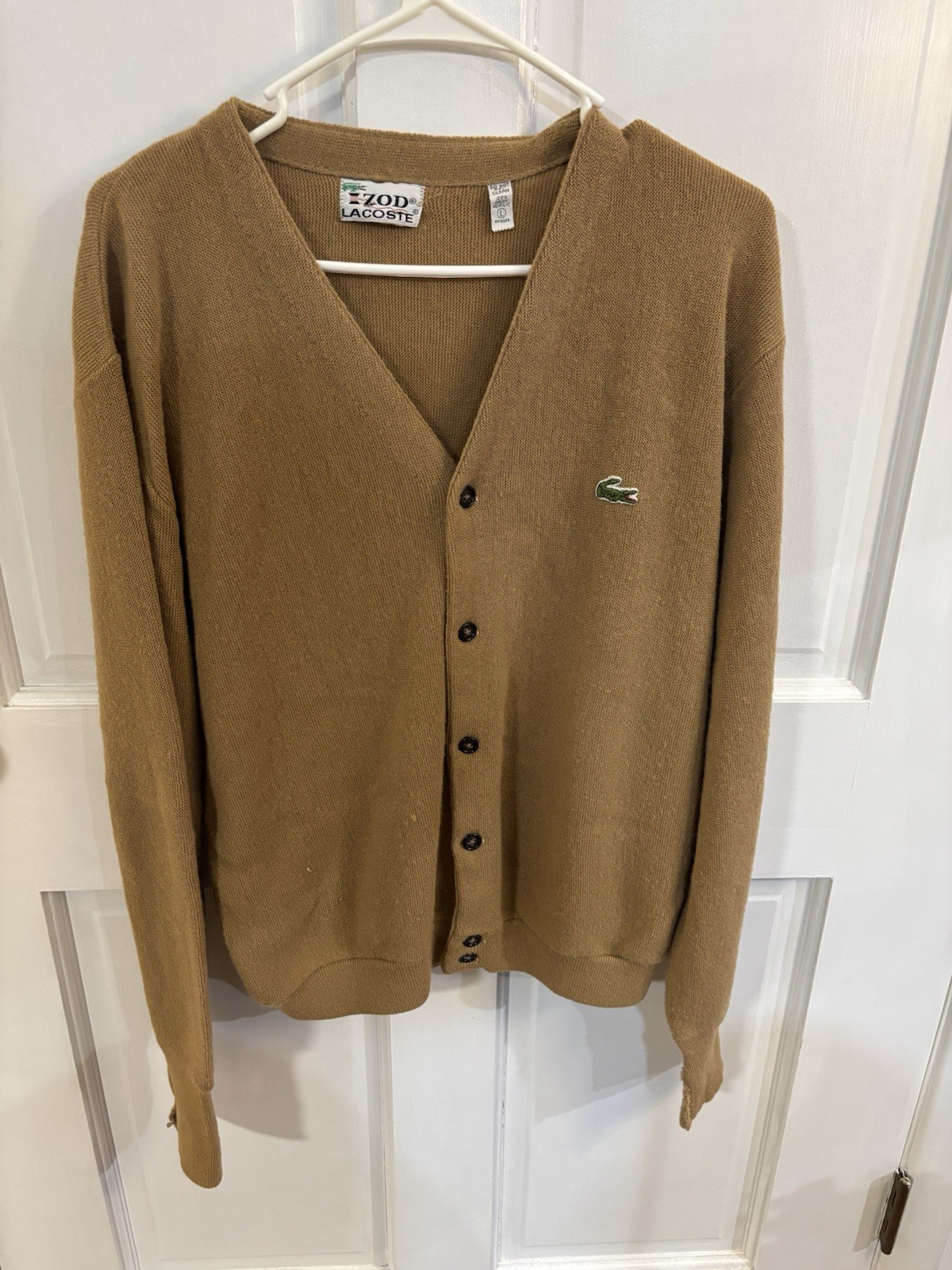 Vintage Izod Lacoste Men's Cardigan Sweater Tan Size L Button V-Neck Acrylic
