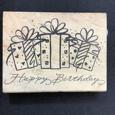 Three Gift Wrapped Packages w/Happy Birthday Sentiment Rubber Stamp 4.5x3.5 inch