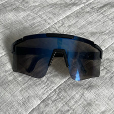 Shield Cycling Sunglasses Wraparound Black Plastic Frame Blue Mirrored Lens