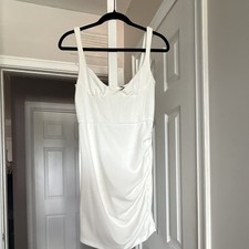 Zara White Mini Dress Ruched V-Neck Strappy Sleeveless Zip Size S