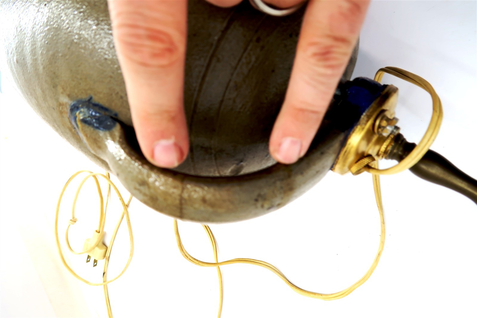 Vintage Blue Decorated Stoneware Handled Jug Table Lamp 28" Tall AS-IS CONDITION